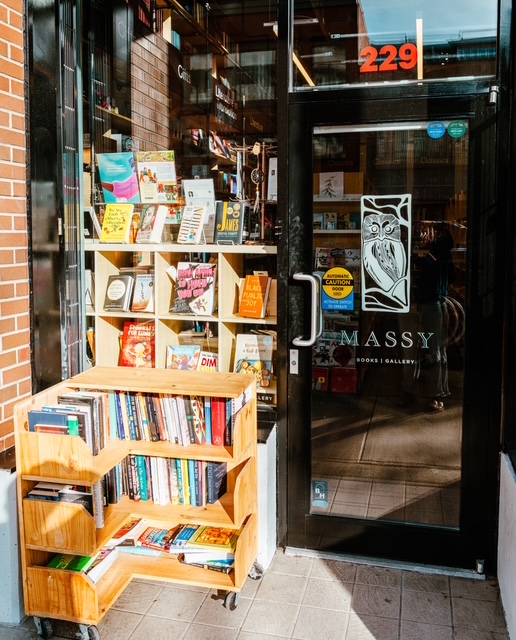 Massy Books actual storefront entrance with name sign at 229 East Georgia Street, Vancouver; photo directly provided and approved by the business.